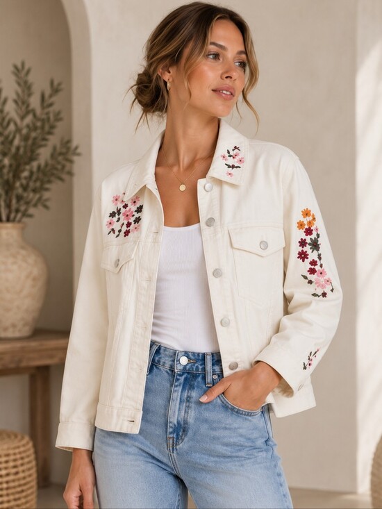 dolan Jackets & Blazers - 498.Anthropologie Dolan Cream Embroidered Denim Jacket with Floral Detail
